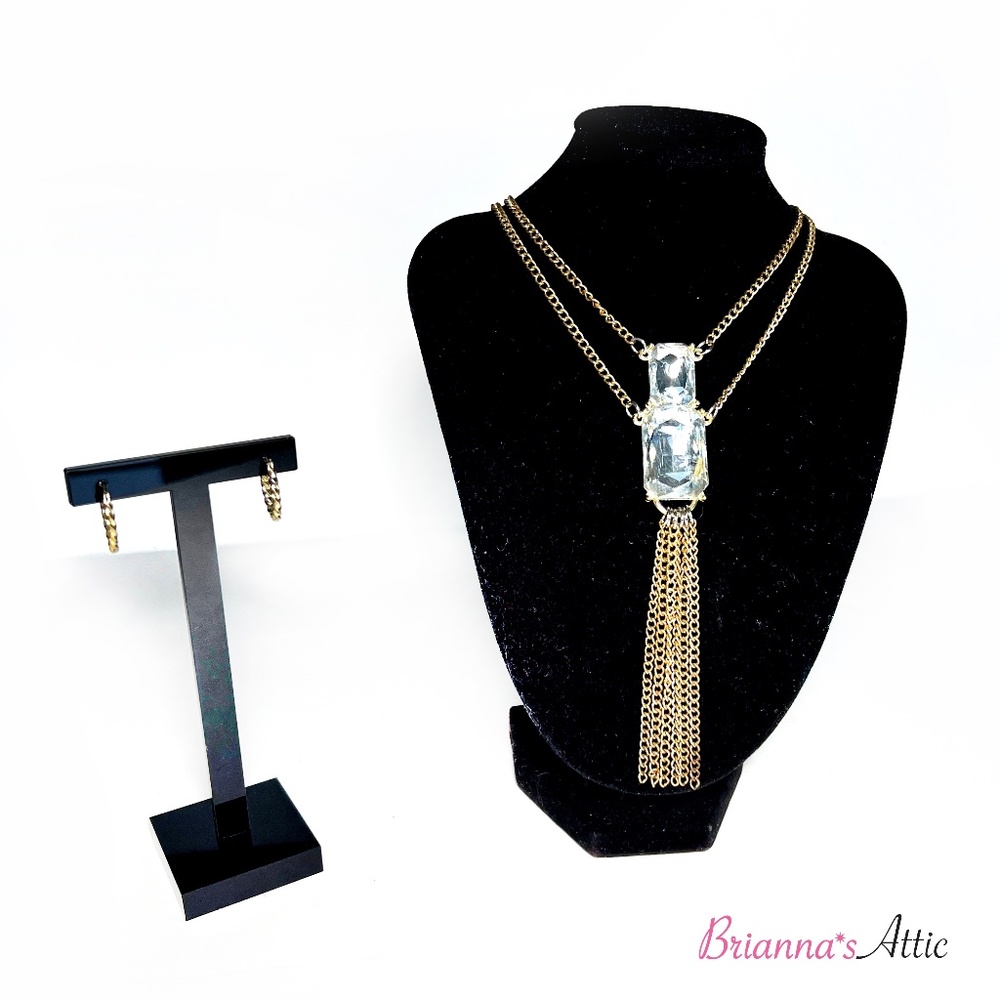 Gold Tone Long Square Crystal Necklace with Artistic Earrings